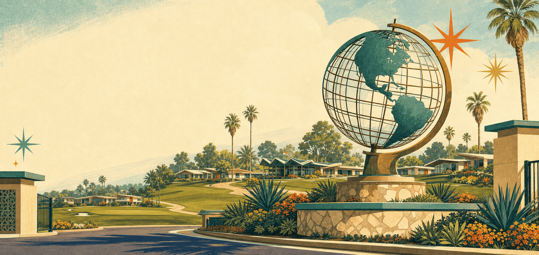 Vintage postcard illustration of the globe monument at the Leisure World entrance in Seal Beach